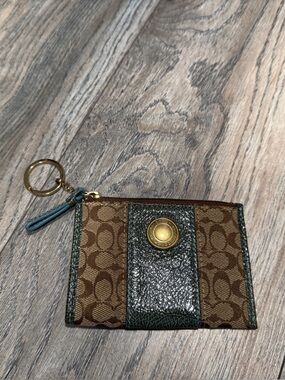 Coach Brown Signature Zip Card Case with Green Leather Accent